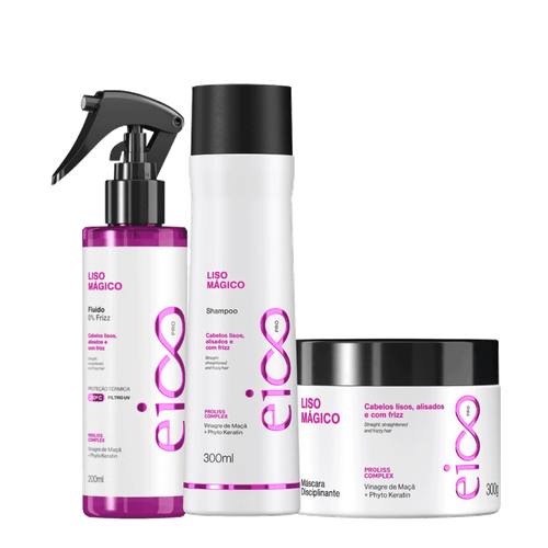 Kit Eico Pro Liso Mágico - Shampoo 300ml + Máscara Tratamento 300g + Fluido 200ml