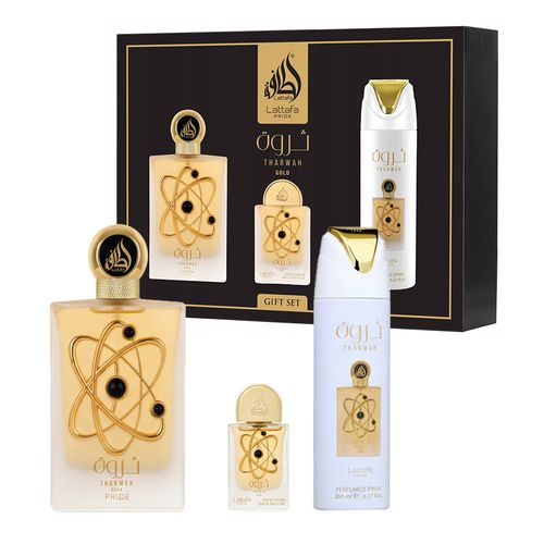 Kit Lattafa Tharwan Gold Edp 100ml + 20ml + Deso 200ml