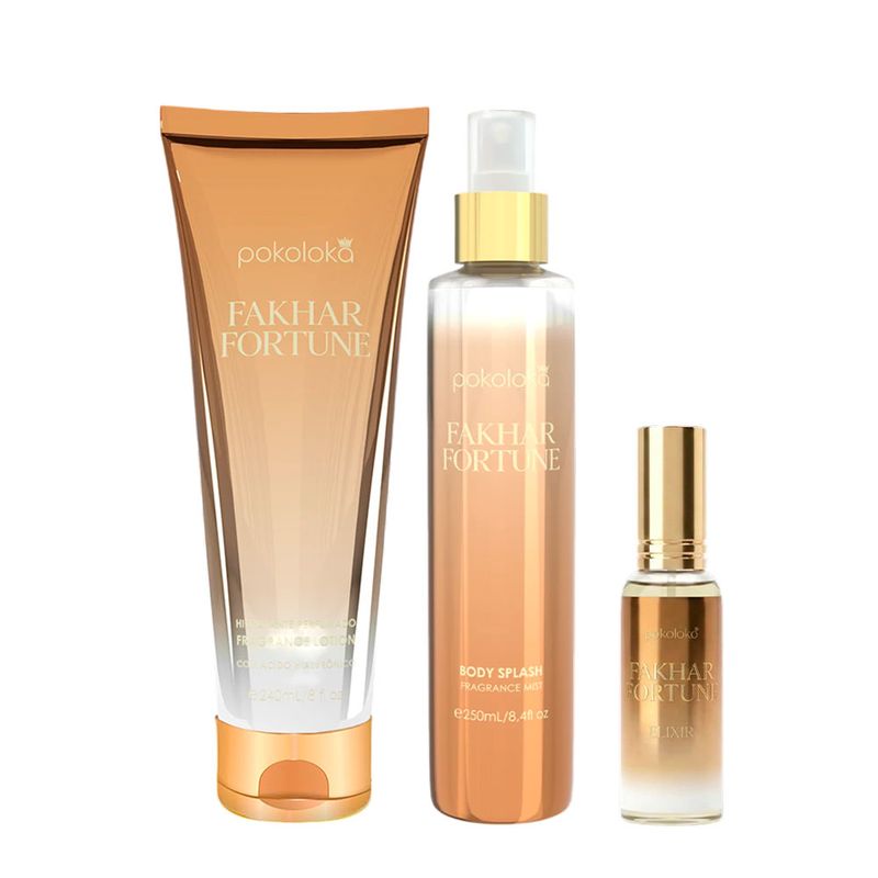Kit Pokoloka Luxury Elixir Fakhar Fortune - Deo Colônia 15ml + Hidratante 240ml + Body Splash 250ml