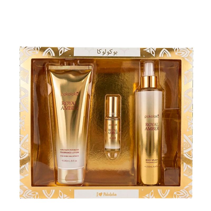 Kit Pokoloka Luxury Elixir Royal Amber - Deo Colônia 15ml + Hidratante 240ml + Body Splash 250ml