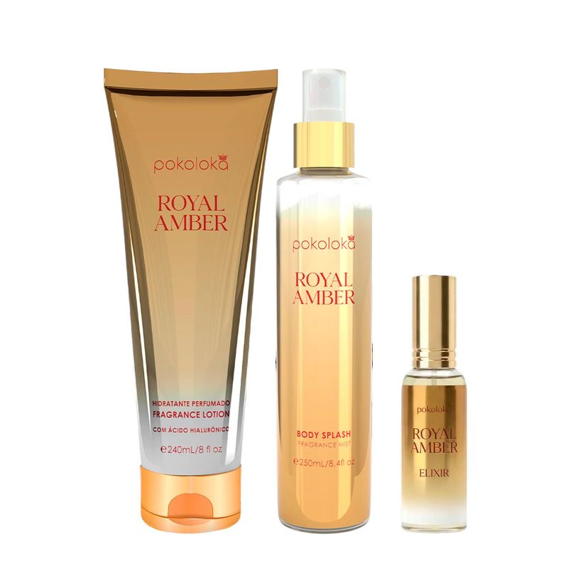Kit Pokoloka Luxury Elixir Royal Amber - Deo Colônia 15ml + Hidratante 240ml + Body Splash 250ml