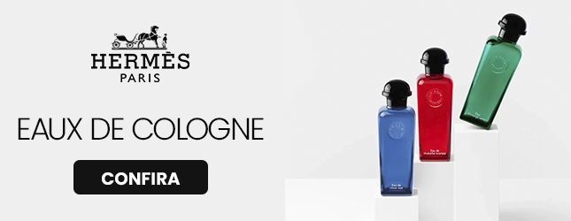 Categoria Eau de Colognes da Hermès com frascos coloridos e botão “Confira”.​